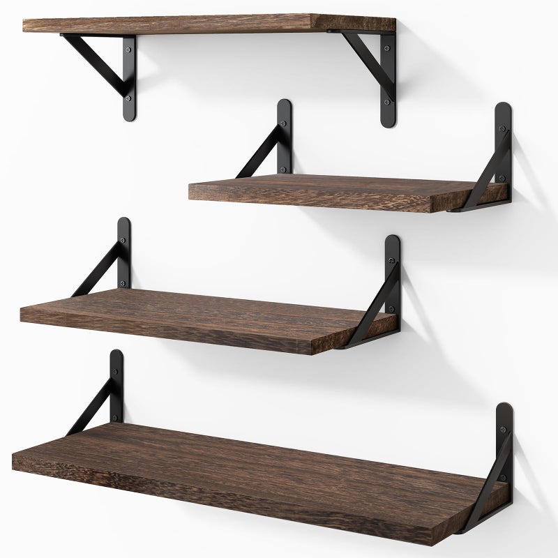 YGEOMER Floating Shelves for Wall Different Sizes Dark Carbonized Brown Wall Shelves for Living Room Bathroom Bedroom Kitchen Home Decor Set of 4