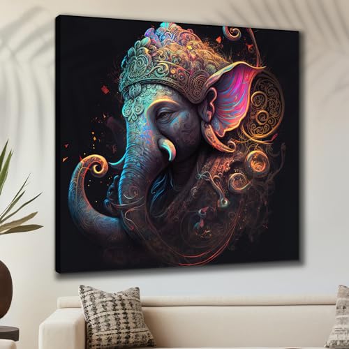SAF painting Divine Ganesha Abstract Wall Art – Intricate Neon Lord Ganesha Canvas | Vibrant Spiritual Elephant God Painting for Living Room, Puja Corner, or Meditation Space 30 Inch x 30 Inch - Image 1