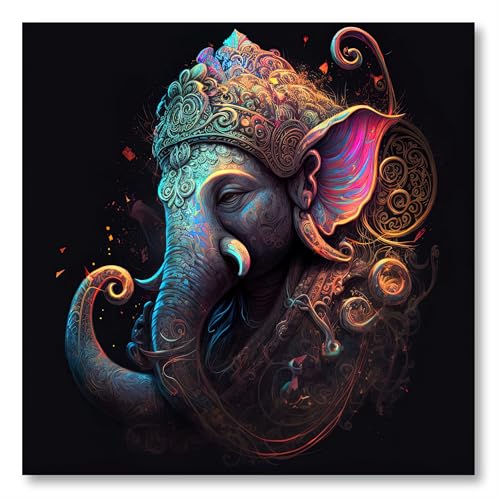 SAF painting Divine Ganesha Abstract Wall Art – Intricate Neon Lord Ganesha Canvas | Vibrant Spiritual Elephant God Painting for Living Room, Puja Corner, or Meditation Space 30 Inch x 30 Inch - Image 2