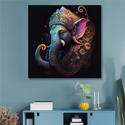SAF painting Divine Ganesha Abstract Wall Art – Intricate Neon Lord Ganesha Canvas | Vibrant Spiritual Elephant God Painting for Living Room, Puja Corner, or Meditation Space 30 Inch x 30 Inch - Image 3