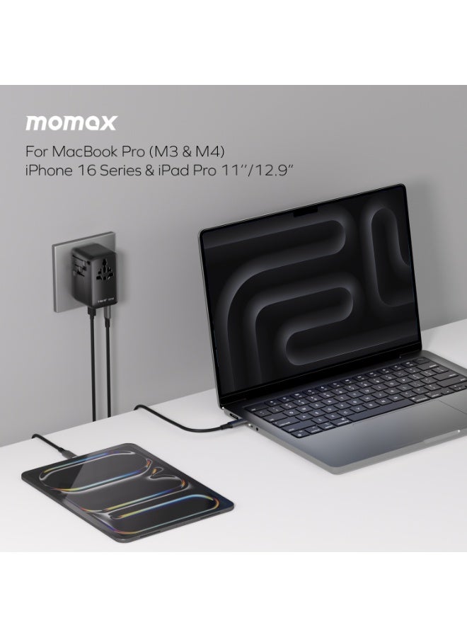 Momax 1-WORLD2 GaN 100W 4-Port USB-C Dual AC Fast Charging Universal Travel Adapter Compact & Worldwide Compatible - Titanium - Image 4