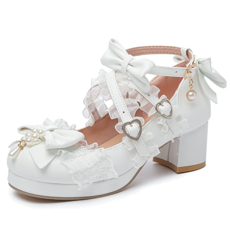 LUXMAX Women's Kawaii Shoes Cross Strap Pumps Cute Ankle Strap Mary Jane Shoes Wedding Lace Mid Chunky Heel Pumps, Size 7.5 M US,White - Image 1
