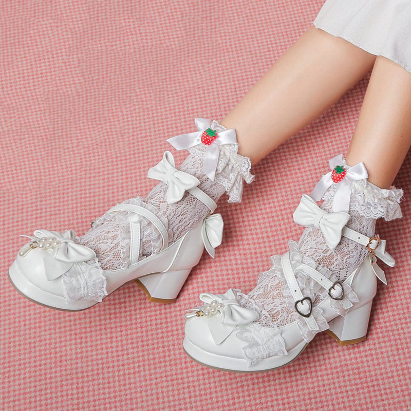 LUXMAX Women's Kawaii Shoes Cross Strap Pumps Cute Ankle Strap Mary Jane Shoes Wedding Lace Mid Chunky Heel Pumps, Size 7.5 M US,White - Image 5