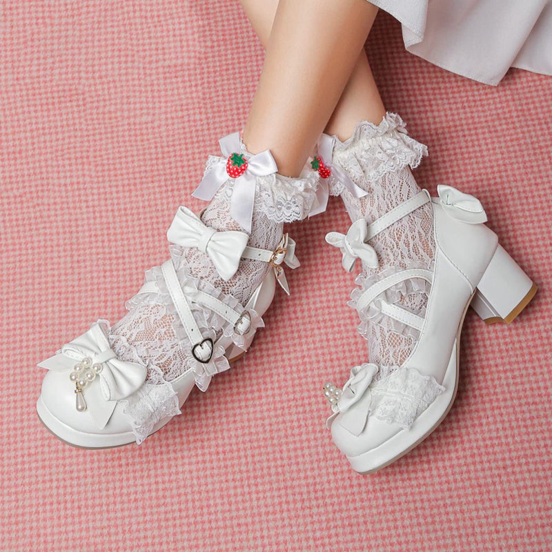 LUXMAX Women's Kawaii Shoes Cross Strap Pumps Cute Ankle Strap Mary Jane Shoes Wedding Lace Mid Chunky Heel Pumps, Size 7.5 M US,White - Image 3