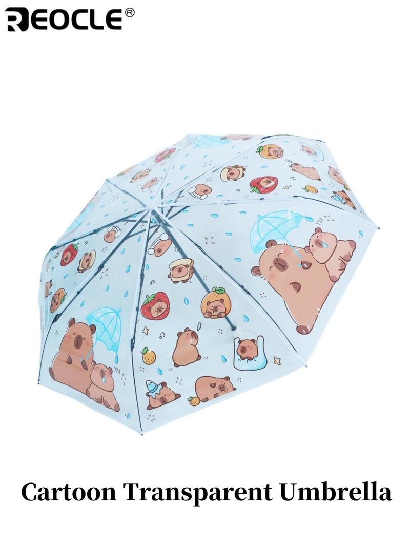 REOCLE 8-Rib Windproof Waterproof Folding Umbrella Auto Open Close Transparent Cartoon Design with Strap Travel Friendly Suitable for Daily Use Outdoor Activities Rainy Days Commuting Travel Washing Machine Safe Durable Lightweight for Men for Women for Adults - Image 1