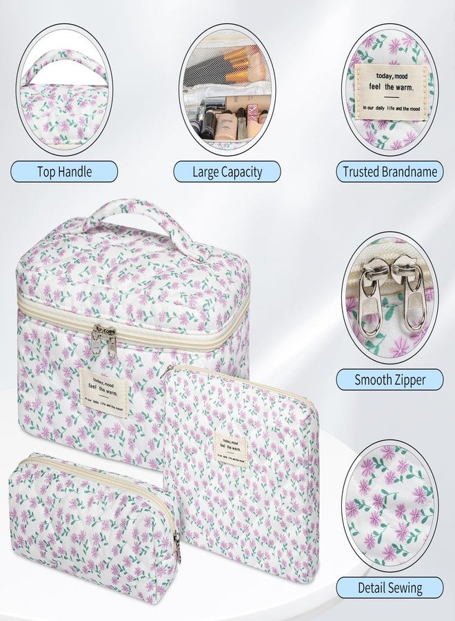 حقيبة مكياج سينبوي الزهرية، طقم من 3 حقائب مكياج قطنية مبطنة كبيرة، حقيبة مكياج أنيقة مزينة بالزهور للنساء، حقيبة تنظيم مكياج للسفر - Image 3