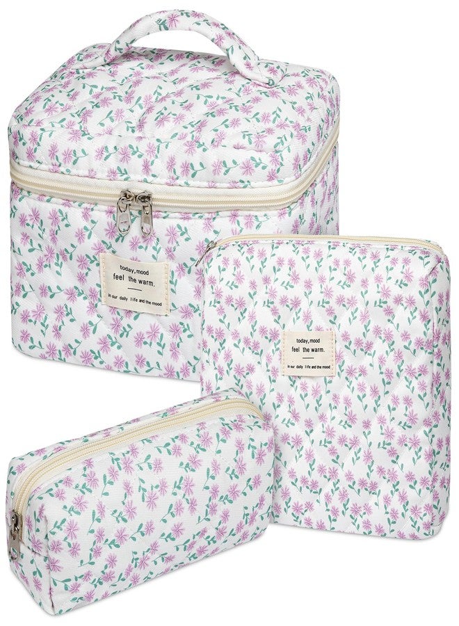 حقيبة مكياج سينبوي الزهرية، طقم من 3 حقائب مكياج قطنية مبطنة كبيرة، حقيبة مكياج أنيقة مزينة بالزهور للنساء، حقيبة تنظيم مكياج للسفر - Image 1