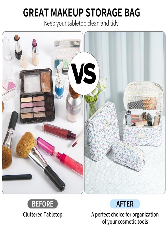حقيبة مكياج سينبوي الزهرية، طقم من 3 حقائب مكياج قطنية مبطنة كبيرة، حقيبة مكياج أنيقة مزينة بالزهور للنساء، حقيبة تنظيم مكياج للسفر - Image 4