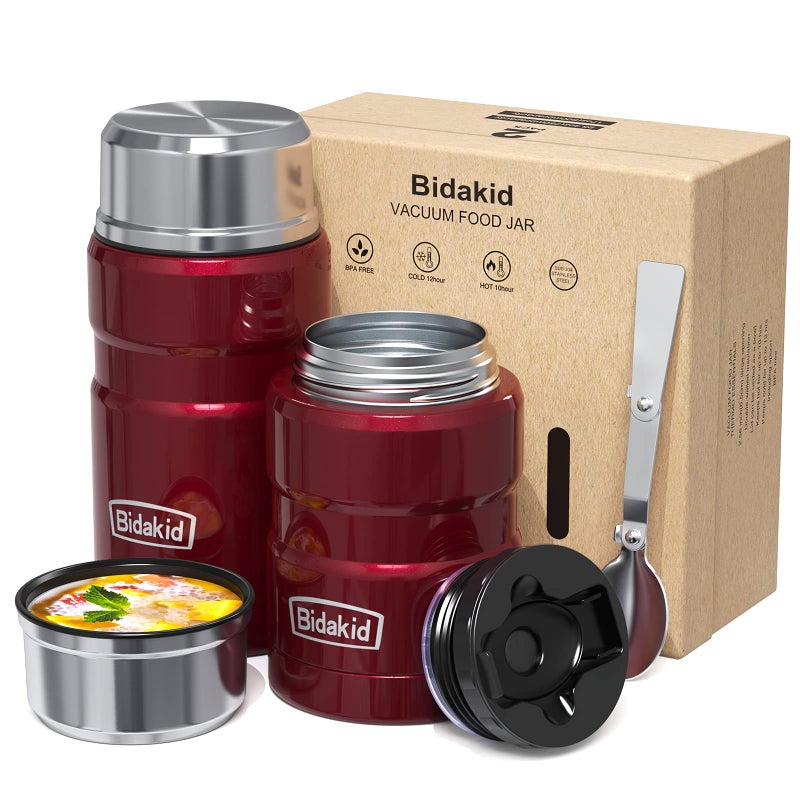 Bidakid Containers for Hot Food  2 Pack insulated food jar for hot  soup vessels  Lunch box containers for hot cold food with carry bag and Folding Spoon - Image 1
