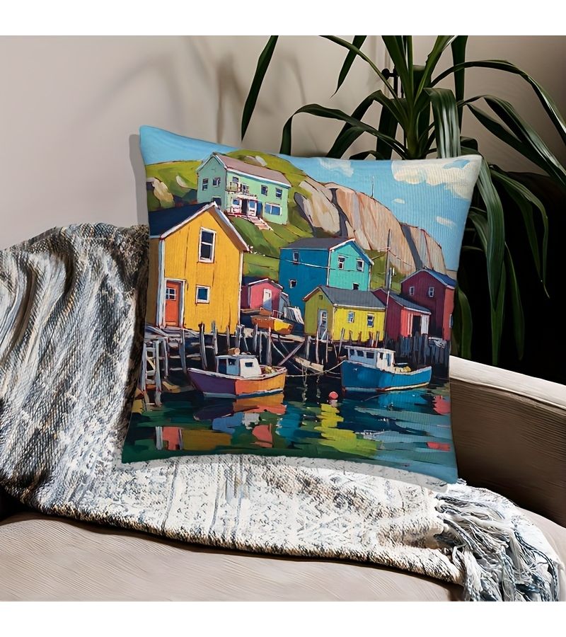 Modern Fishing Village Art Printed Pillowcase Only 17.72 Inch - Image 2
