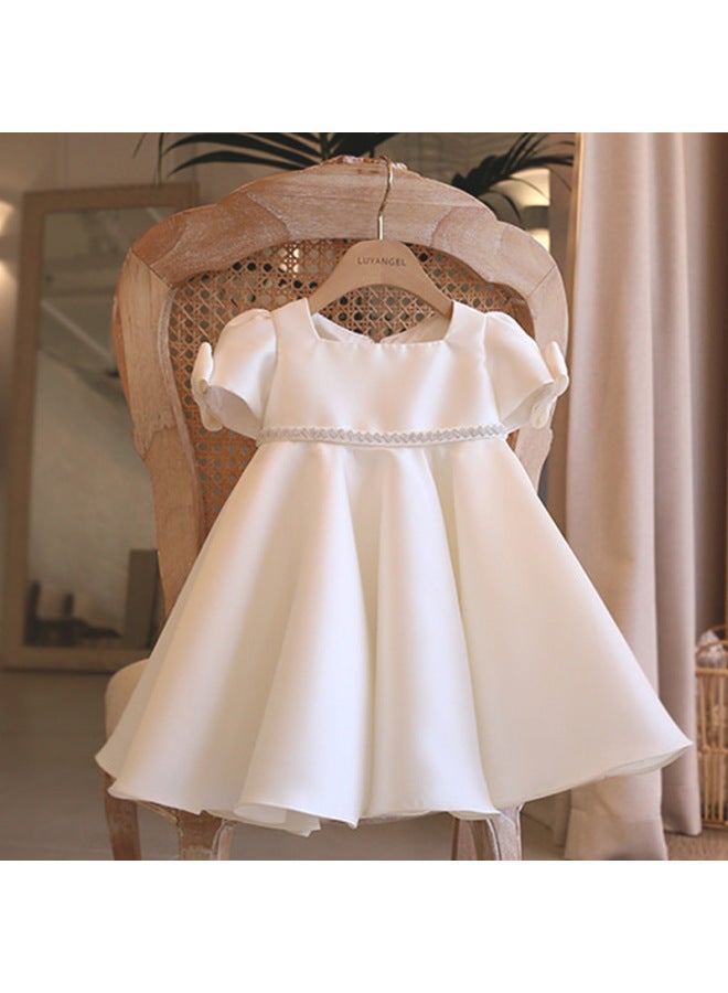 Baby Girl's One-year-old Dress, White Satin Puff Sleeves, Sweet And Cute, Stylish Princess Dress For Children Direct Sale