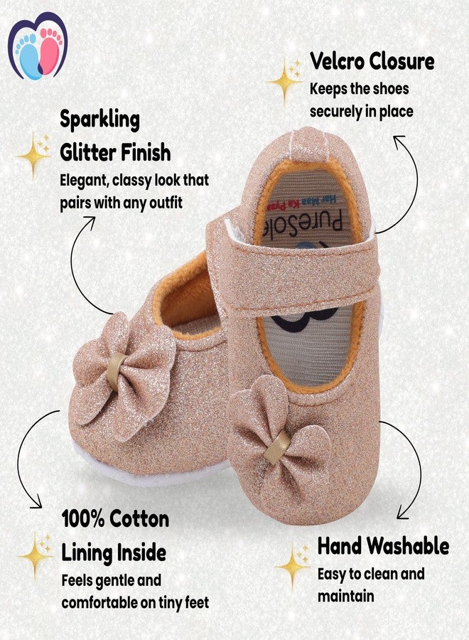 PureSole Party Booties for Baby Girls 9-12 Months | Sparkling Glitter Finish Baby Shoes with Memory Foam Insole | 100% Cotton Lining, Velcro Closure & Anti-Skid Sole | Perfect for Birthdays, Celebrations, Photoshoots, Parties & More (Golden) - Image 4