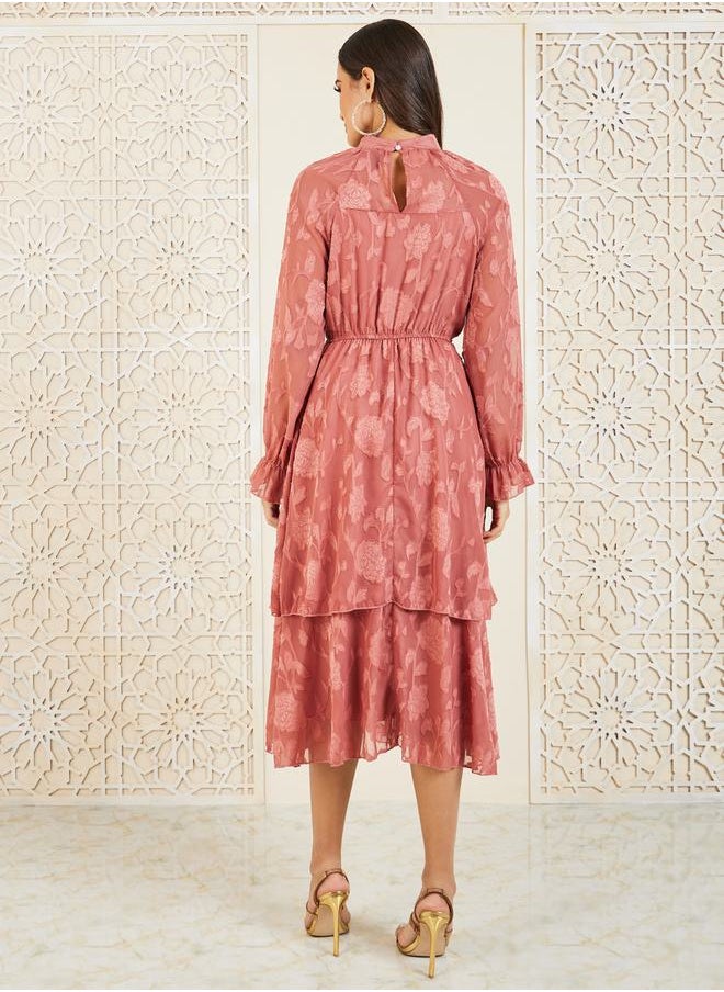Styli Burnout Texture High Neck Layered A-Line Midi Dress  - Image 4