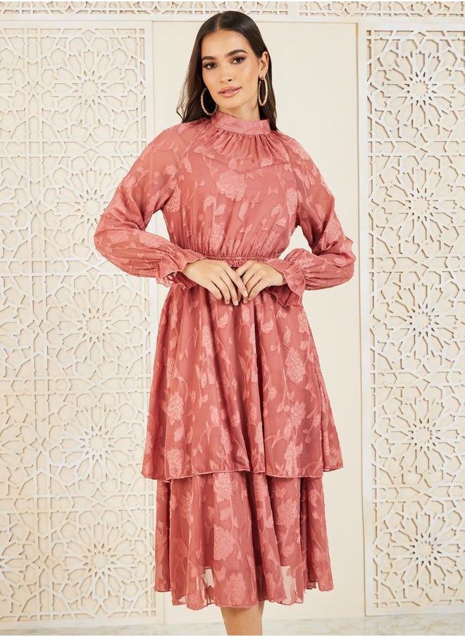 Styli Burnout Texture High Neck Layered A-Line Midi Dress  - Image 2