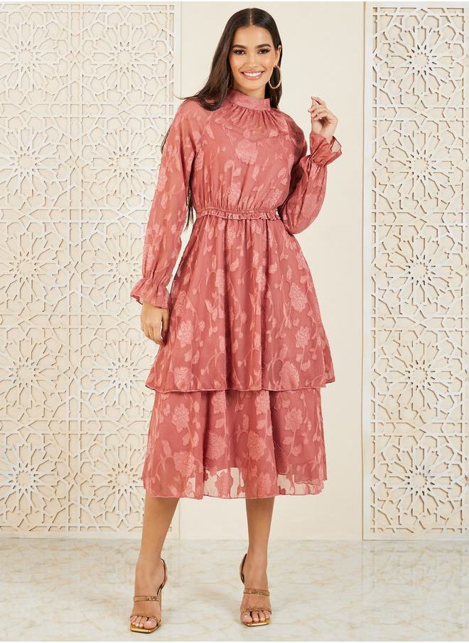 Styli Burnout Texture High Neck Layered A-Line Midi Dress  - Image 1
