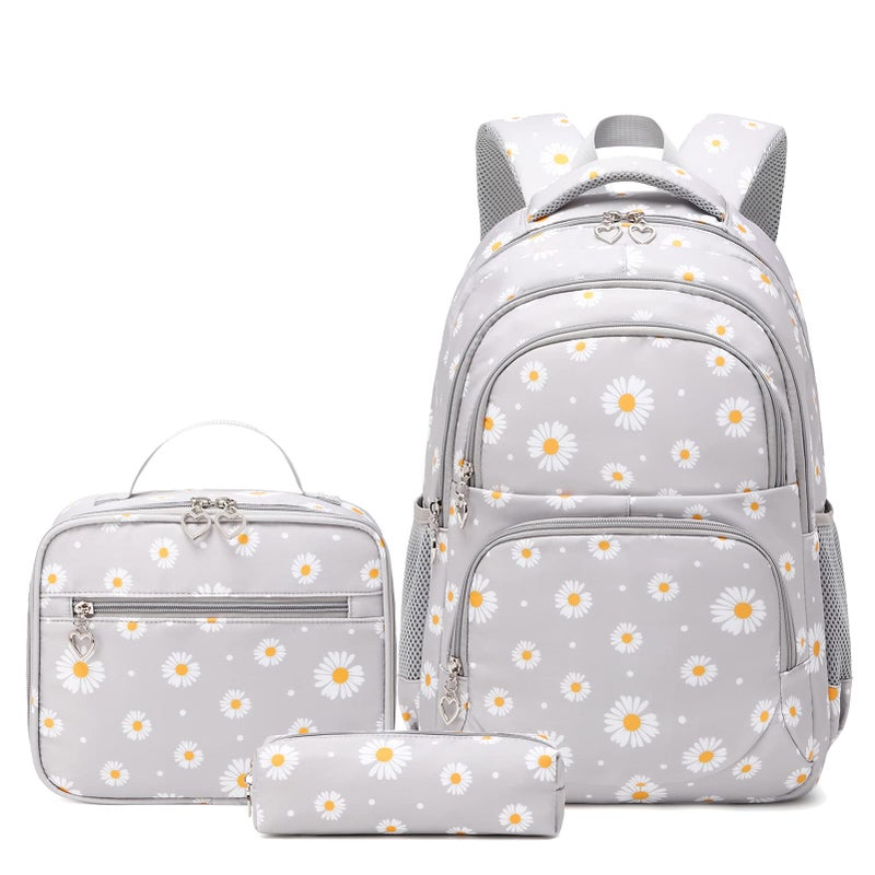 goldwheat Daisy Printed Backpacks With Lunch Pack Pencil Case 3pcs, Lightweight Water Resistant Bookbag For Middle School - Image 1