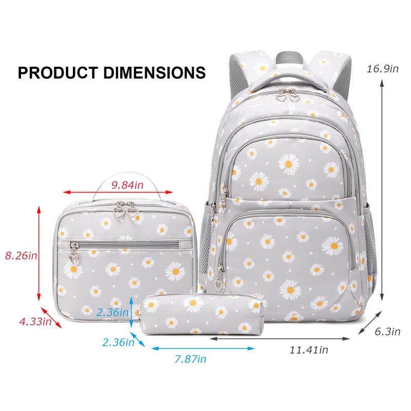 goldwheat Daisy Printed Backpacks With Lunch Pack Pencil Case 3pcs, Lightweight Water Resistant Bookbag For Middle School - Image 2