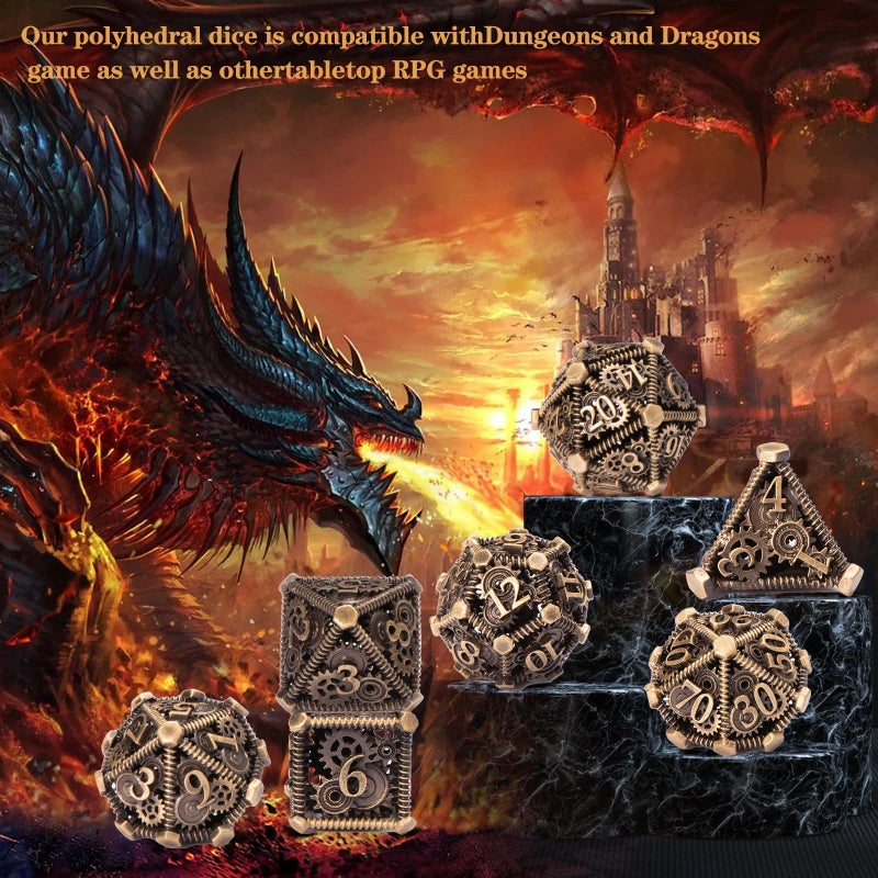 UBEUCK DND Metal Dice Set, UBEUCK 7PCS Gear Metal DND Dice Set for Dungeons & Dragons Board Games Boxes(Bronze Gear) - Image 3