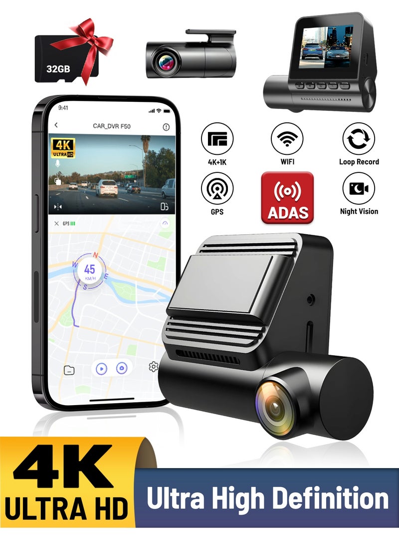 Dansent Dash Cam 4K Ultra HD 2Inch IPS 1K Rear Car Road Camera with 32GB card GPS Night Vision G-Sensor ADAS Wi-Fi App Control 24H Parking Monitor Video Recorder - Image 1