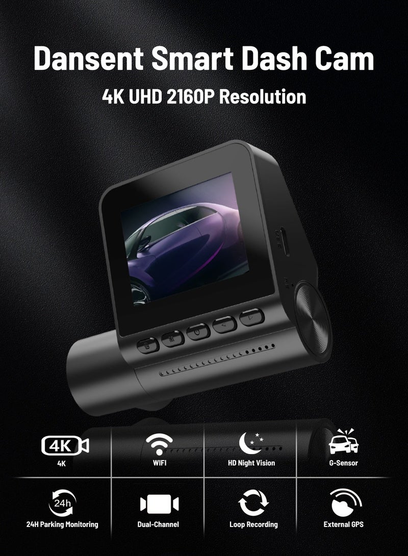 Dansent Dash Cam 4K Ultra HD 2Inch IPS 1K Rear Car Road Camera with 32GB card GPS Night Vision G-Sensor ADAS Wi-Fi App Control 24H Parking Monitor Video Recorder - Image 3