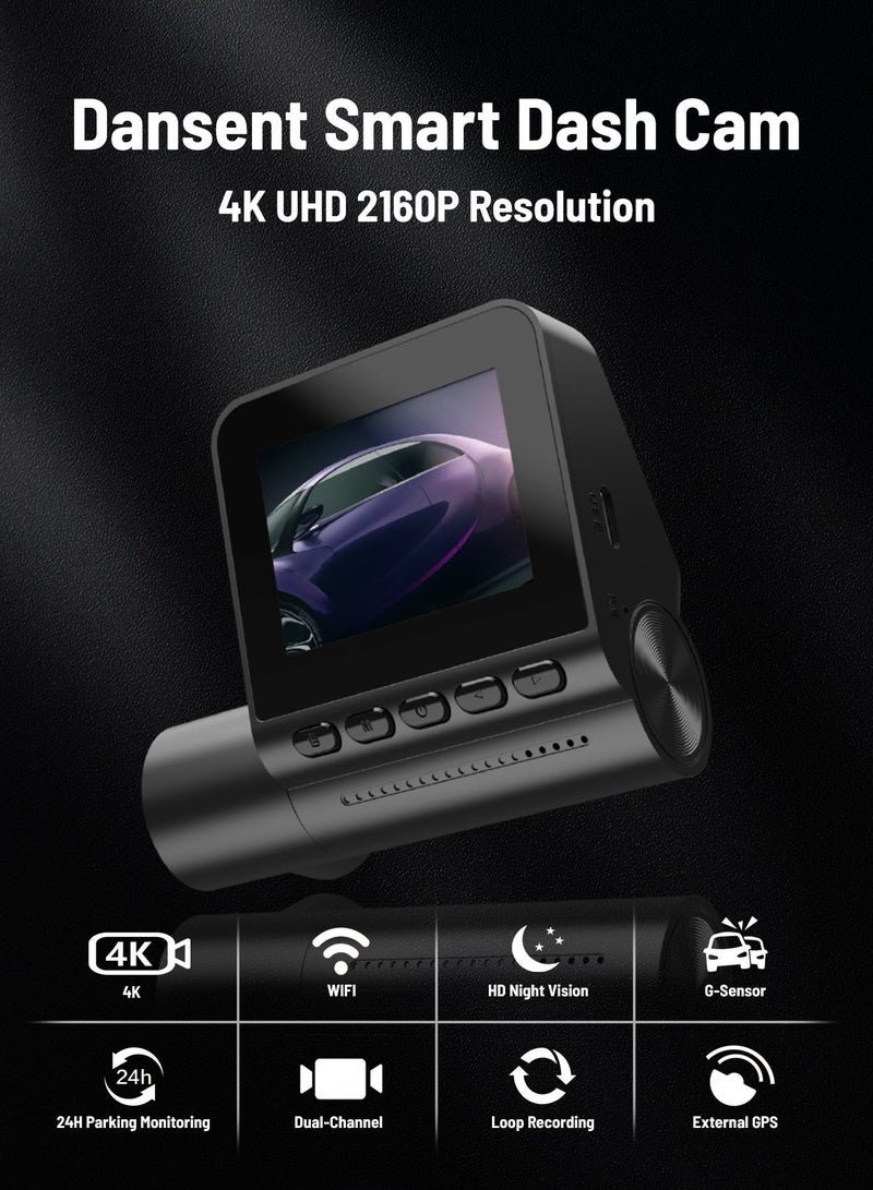 Dansent Dash Cam 4K Ultra HD 2Inch IPS 1K Rear Car Road Camera with 32GB card GPS Night Vision G-Sensor ADAS Wi-Fi App Control 24H Parking Monitor Video Recorder - Image 2