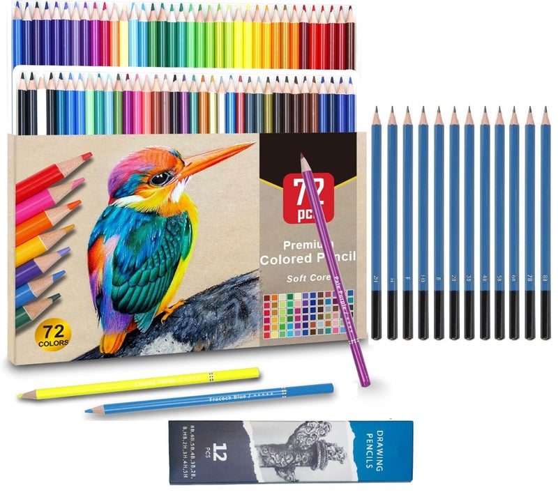 Corslet مجموعة كورسلت من 84 طقم رسم 72 قلم تلوين 12 قلم رسم للتخطيط والتظليل أقلام تلوين للبالغين والمبتدئين مجموعة أقلام تلوين للأطفال - Image 1