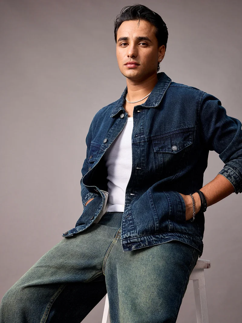 أوربانو فاشن Urbano Fashion Men's Dark Blue Regular Fit Washed Full Sleeve Denim Jacket