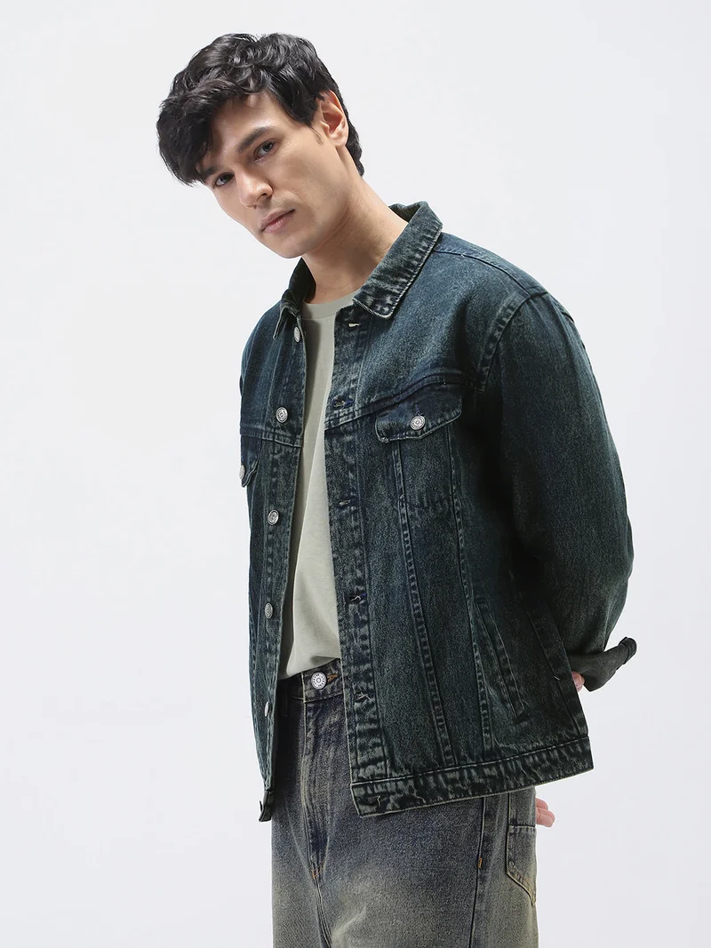 أوربانو فاشن Urbano Fashion Men's Dark Blue Regular Fit Washed Full Sleeve Denim Jacket