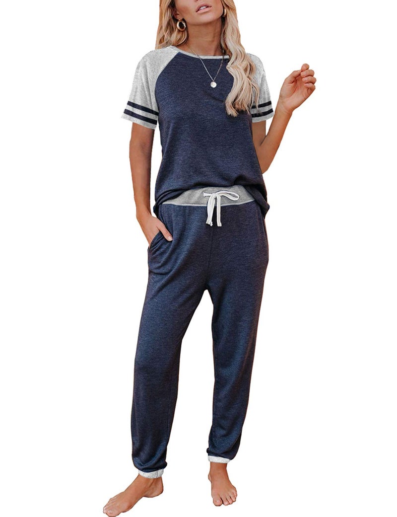 AUTOMET Women's Pajama Sets 2 Piece â€“ Soft Summer Sleepwear with Pockets, Lounge Sets for Women, Travel Outfits Navy Blue L - Image 1
