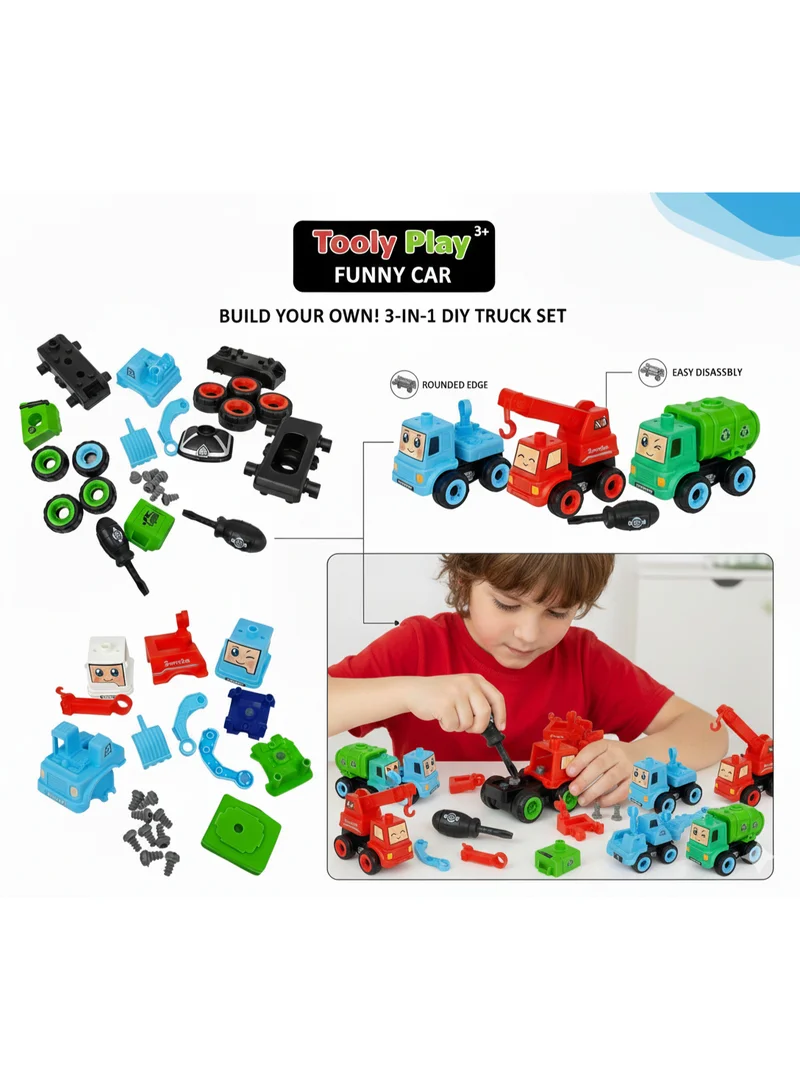 TOOLY 3-in-1 DIY Take Apart Toy Truck Set for Kids – Build Your Own Excavator, Crane, and Garbage Truck – STEM Construction Play Kit with Screwdriver Tool – Educational Toy for Boys & Girls Ages 3+