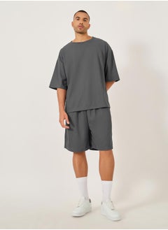 Styli Solid Textured Knit Oversized Streetwear T-Shirt and Shorts Set  - Image 1