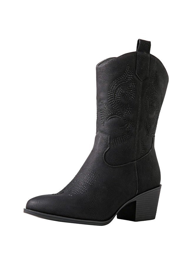 GLOBALWIN Women's Black Mid Calf Cowgirl Boots Classic Embroidered Western Cowboy Boots for Women Chunky Low Heel Size 8M - Image 1