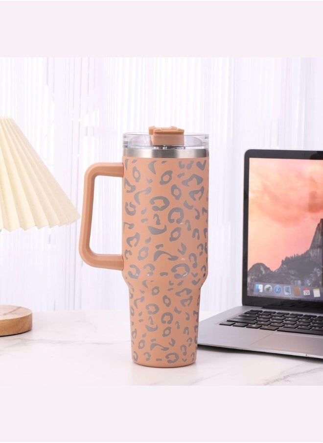 Executive LLC - 40 oz Tumbler with Handle and Straw with lid Leopard Stainless Steel Thermos Mug Coffee Cup Outdoor Sports Travel Sippy Mug Gift（Cinnamon） - Image 1