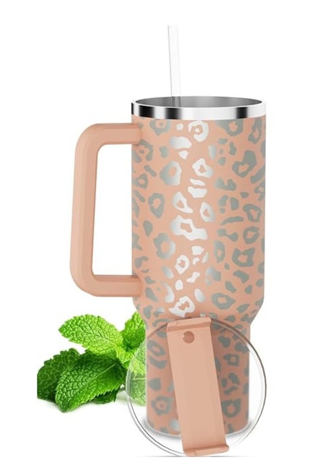 Executive LLC - 40 oz Tumbler with Handle and Straw with lid Leopard Stainless Steel Thermos Mug Coffee Cup Outdoor Sports Travel Sippy Mug Gift（Cinnamon） - Image 1