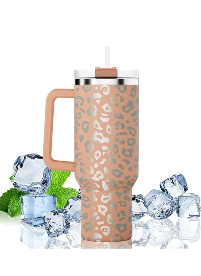 Executive LLC - 40 oz Tumbler with Handle and Straw with lid Leopard Stainless Steel Thermos Mug Coffee Cup Outdoor Sports Travel Sippy Mug Gift（Cinnamon） - Image 1