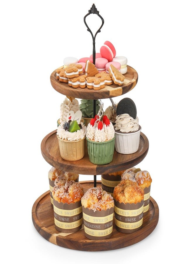 Elsjoy 3-Tier Acacia Wood Cupcake Stand, Large Wooden Cupcake Tower Tiered Dessert Display Stand, Rustic Cake Holder Stand for Wedding, Birthday, Tea Party - Image 1