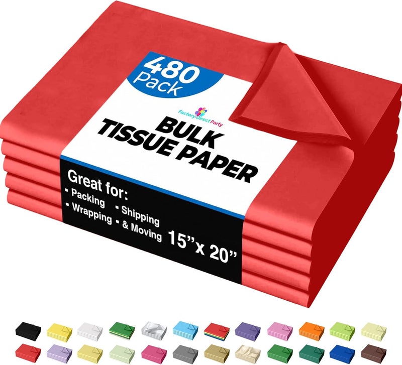 Party Solids Red Tissue Paper for Gift Bags - 15" X 20" Bulk Tissue Paper Red 480 Sheets - 10lb Newsprint for Packing, Birthday Gift Box Filler, Packing Supplies for Moving Supplies - Image 1