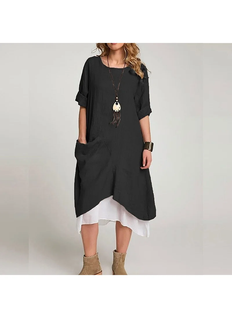 Barbora Linen Summer Casual Design Women's Dress BT263BLACK8