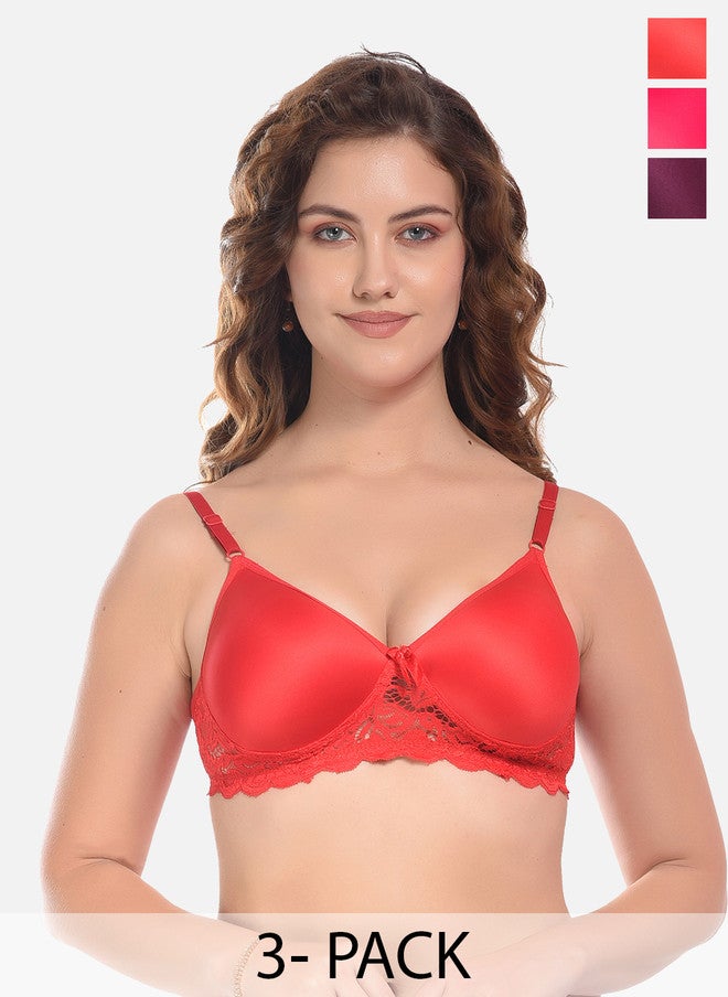 FIMS Red & Purple Pack of 3 Cotton Solid Lightly Padded Bra - Image 1