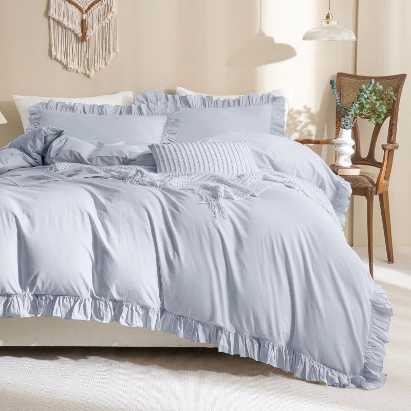 QSH Ruffle Duvet Cover Queen Size Washed Cotton,3pc Linen Feel Farmhouse Shabby Vintage Ruffled Bedding Set French Country Rustic Cornflower Blue Comforter Cover Aesthetic Soft Quilt Cover Set - Image 1
