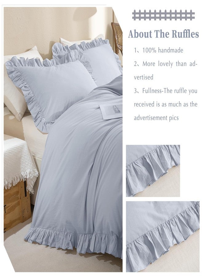 QSH Ruffle Duvet Cover Queen Size Washed Cotton,3pc Linen Feel Farmhouse Shabby Vintage Ruffled Bedding Set French Country Rustic Cornflower Blue Comforter Cover Aesthetic Soft Quilt Cover Set - Image 3