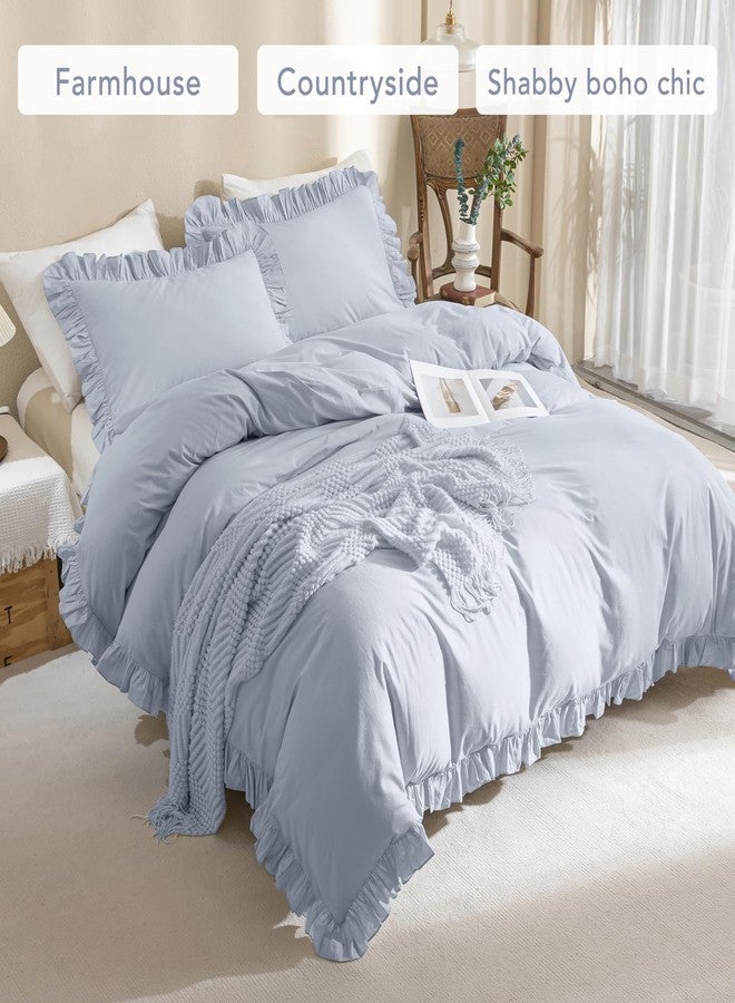 QSH Ruffle Duvet Cover Queen Size Washed Cotton,3pc Linen Feel Farmhouse Shabby Vintage Ruffled Bedding Set French Country Rustic Cornflower Blue Comforter Cover Aesthetic Soft Quilt Cover Set - Image 2