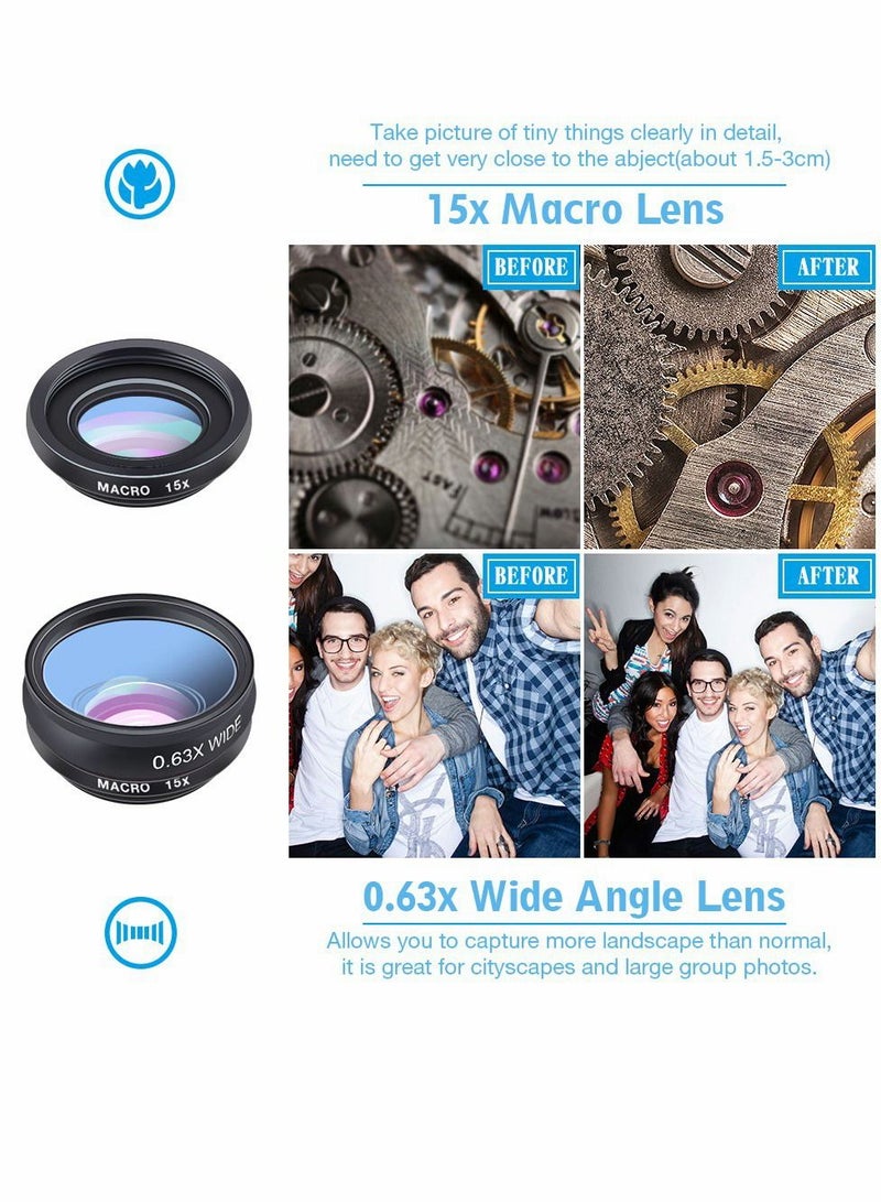 Phone Camera Lens Kit with 0.63X Wide Angle, 15X Macro, 198 Degree Fisheye, 2X Telephoto, CPL, Star Filter, Radial Filter, Flow Filter, Kaleidoscope 3, Kaleidoscope 6 Compatible with Android iPhone  - Image 4