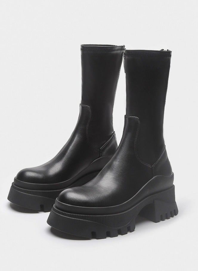 Loquat Women's Lug Sole Platform Boots Elastic Mid Calf Chunky Block Heel Elastic tube Martin Boots  - Image 1