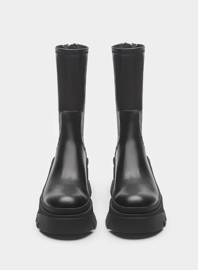 Loquat Women's Lug Sole Platform Boots Elastic Mid Calf Chunky Block Heel Elastic tube Martin Boots  - Image 2