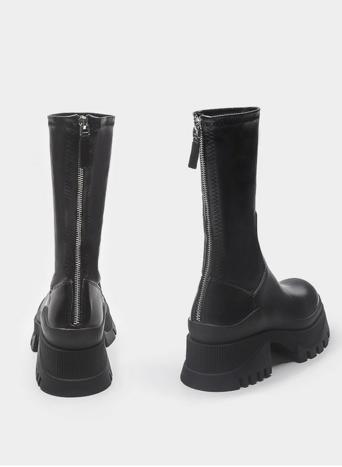 Loquat Women's Lug Sole Platform Boots Elastic Mid Calf Chunky Block Heel Elastic tube Martin Boots  - Image 3