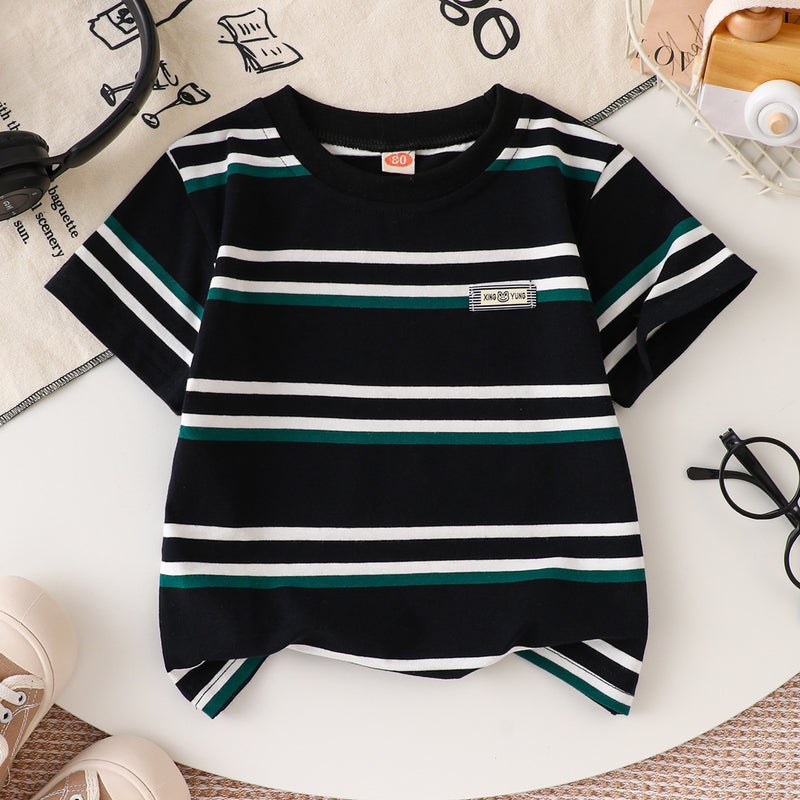 2025 Summer Children'S Striped Cotton T-Shirt Children'S Western Style Casual Short-Sleeved Cotton Top - Image 1