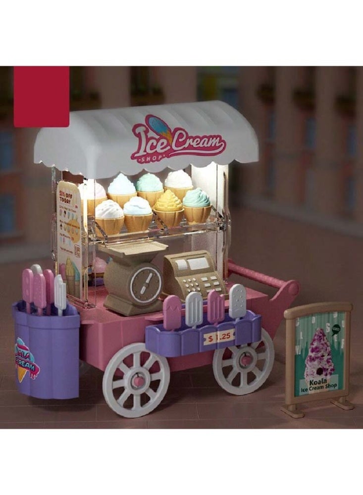 عربة آيس كريم للأطفال بعمر 3 4 5 6 سنوات – لعبة تمثيل الأدوار مزودة بأضواء LED وعجلات متحركة، تشمل مخاريط وبوظة لعبة، ملصقات ديكور، آلة تسجيل نقدي، ميزان، وإكسسوارات حلوى – عربة طعام تعليمية ممتعة م - Image 1