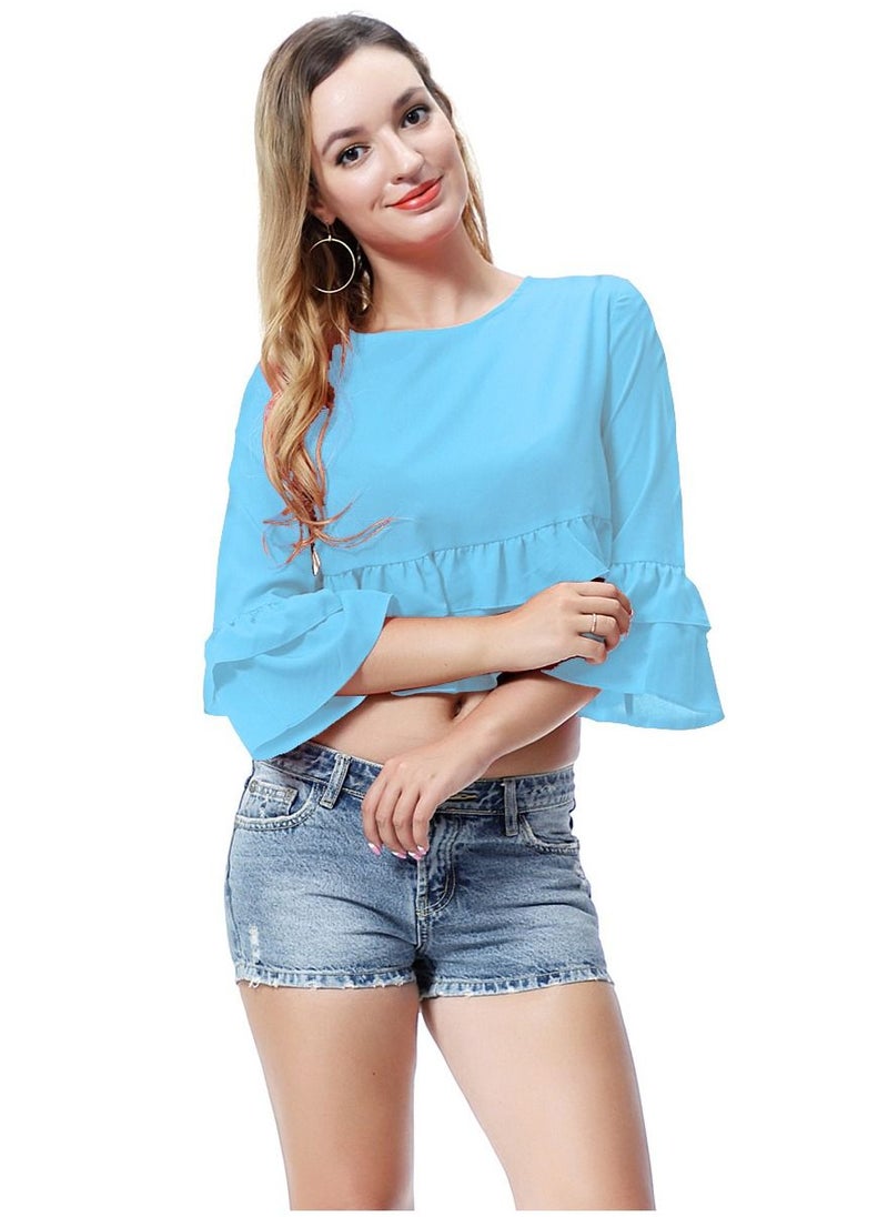 إسكدنيا - Women's Solid Color Round Neck Top Loose Ruffled Blouse Sky Blue - Image 1