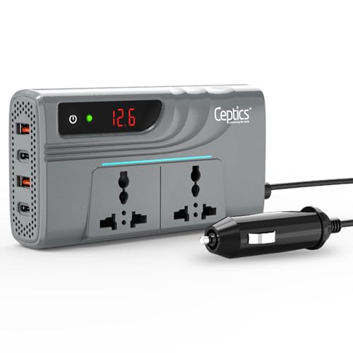 Ceptics 200W Car Power Inverter, Car Laptop Charger with 2 USB-A (3.1A Max) + 2 USB-C (PD 27W) Ports, 12V DC to 220V AC, SmartVoltage™ Technology, 2X Universal AC Outlet, 18 Months Warranty - Image 1